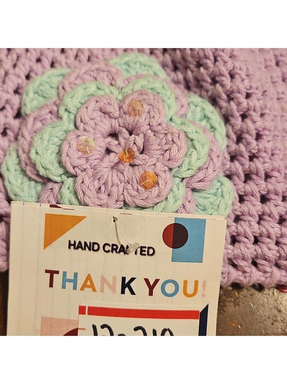 Hand Crafted upcycle crochet lavander Beanie handmade flower grannycore girl hat - Picture 16 of 17